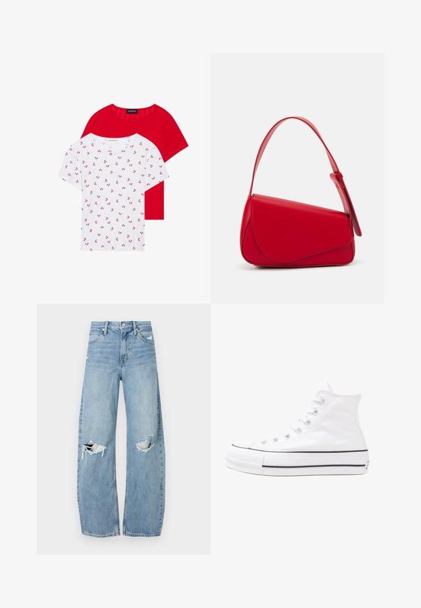 Two short-sleeve t-shirts: one red with a textured pattern and one white with a cherry print, round necklines, cotton material.; Light blue, high-waisted jeans made of denim. Feature wide legs, two torn knee areas, and classic five-pocket styling.; White high-top canvas sneaker with black rubber sole, front rubber toe cap, and six eyelets for laces, featuring a clean, minimalist design.; Red leather handbag with an angular, geometric design. Features a single adjustable strap and a flap closure with stitched detailing.