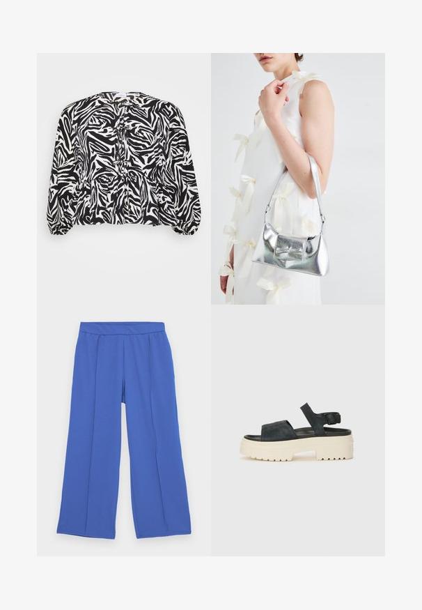 Blúzka so zebrovým vzorom v čiernej a bielej farbe, s peplum lemom, skladanými detailmi, okrúhlym výstrihom a dlhými puff rukávmi. Mäkká textúra látky.; Široké nohavice vyrobené z jemnej, elastickej látky v jasnej modrej farbe. Obsahujú plochý pás a dva predné záhyby pre zvýraznenie dizajnu.; Čierne zamšové platformové sandále s hrubou bielou podrážkou, širokým predným remienkom a nastaviteľným členkovým zapínaním. Textúrovaná podrážka pre lepšiu priľnavosť.; Strieborná metalická kabelka so štruktúrovaným tvarom, ktorá má hornú rukoväť a mašľu na prednej strane. Hladká textúra, reflexný povrch.