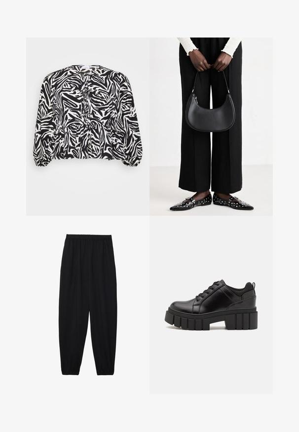 Blusa em padrão de zebra em preto e branco com bainha peplum, detalhes plissados, decote redondo e mangas longas volumosas. Textura de tecido macio.; Calças pretas, leves, com um cinto elástico e punhos franzidos. O tecido é suave e apresenta um design relaxado e afunilado.; Sapatos de plataforma em couro preto com um salto bloco robusto, bico redondo e design clássico de atacadores. Apresentam uma textura suave e detalhes mínimos.; Bolsa de ombro de couro preta com forma arredondada, acabamento brilhante e ferragens prateadas. Pessoa vestindo calças largas pretas e mocassins com tachas.