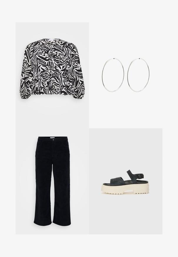 Bluzka z zebrowym printem w czerni i bieli z peplum na dole, plisowanymi detalami, okrągłym dekoltem i długimi bufiastymi rękawami. Miękka tekstura materiału.; Črne žametne hlače z ravnimi nogavicami, sprednjimi žepi, gumbom in zadrgo ter mehkim, teksturiranim zaključkom.; Črne nubuk sandale na platformi z debelim belim podplatom, širokim sprednjim trakom in nastavljivim zapenjanjem okoli gležnja. Teksturiran podplat za boljši oprijem.; Srebrne obročaste uhane z gladkim, okroglim dizajnom in poliranim zaključkom. So tanke in lahke, z enostavnim zapiranjem na sponko.