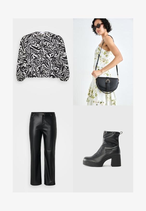 Blusa em padrão de zebra em preto e branco com bainha peplum, detalhes plissados, decote redondo e mangas longas volumosas. Textura de tecido macio.; Calças de imitação de pele pretas com corte retificado, apresentando passantes para cinto, bolsos frontais e um fecho com zíper e botão. Textura suave.; Botas de tornozelo pretas feitas de couro liso, com fecho lateral, salto grosso texturizado e design de bico arredondado.; Bolsa de couro preta com forma curva, alça destacável e detalhes em dourado. A bolsa possui uma aba com detalhe de fivela.