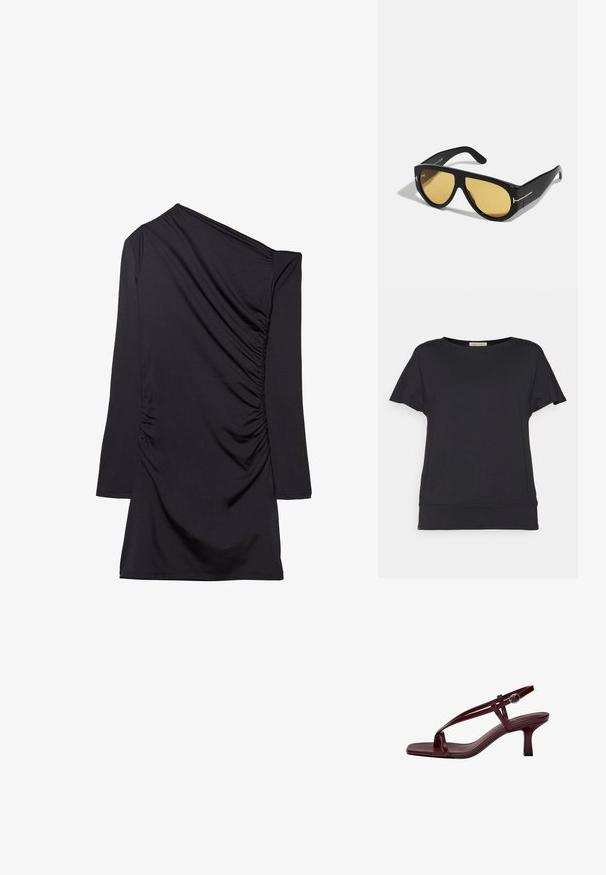Czarny krótki rękaw T-shirt z okrągłym dekoltem. Wykonany z miękkiego, lekkiego materiału. Charakteryzuje się nieco luźnym krojem i zaokrąglonym dołem.; Czarna sukienka z asymetrycznym dekoltem, długim rękawem i marszczonym wykończeniem z boku. Wykonana z miękkiego, elastycznego materiału.; Burgundowe sandały na wysokim obcasie z kwadratowym noskiem, smukłymi paskami i zapięciem na kostce. Gładka skórzana faktura i smukły, blokowy obcas.; Czarne okulary przeciwsłoneczne z geometrycznym wzorem, żółtymi soczewkami i złotymi akcentami na zausznikach. Gładka tekstura, szeroki kształt, nowoczesny design.; Złote kolczyki o organicznym, fasolowym kształcie i gładkiej, refleksyjnej powierzchni; cechują się minimalistycznym designem bez widocznych elementów mocujących.