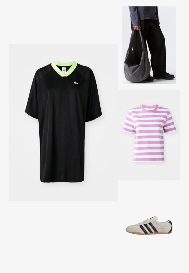 Selected Femme SLFESSENTIAL STRIPED BOXY TEE - Marškinėliai su spaudiniu - first bloom; Juodas trumpomis rankovėmis sportinis marškinėliai su žalia V formos apykakle ir siuvinėtu logotipu krūtinėje. Lygus audinys ir laisvas fasonas.; Suede sportbačiai su pilku viršumi, juodomis juostelėmis ir guminėmis padais. Yra šniūreliai ir auksinė logotipo detalė šone.; Pilkos audinio petnešos maišas su minkšta forma, pasižymintis lygiu paviršiumi ir plačiomis juostomis. Maišą laiko asmuo tamsiomis kelnėmis.