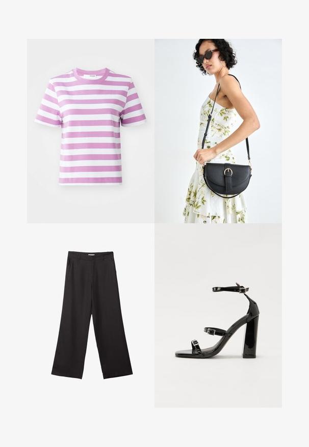 Selected Femme SLFESSENTIAL STRIPED BOXY TEE - Triko s potiskem - first bloom; Černé široké kalhoty vyrobené z hladké tkaniny, s předním zipem a dvěma bočními kapsami, s dobře padnoucím střihem a minimalistickým designem.; Černé lakované sandály na podpatku se čtveratou špičkou, lýtkovými pásky a stříbrnými přezkami. Disponují masivním blokovým podpatkem pro stabilitu.; Černá kožená kabelka s křivkovým tvarem, odnímatelným popruhem a zlatými detaily. Kabelka má klopu s přezkou.
