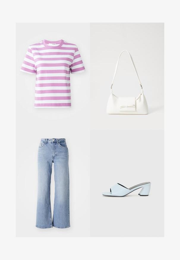 Selected Femme SLFESSENTIAL STRIPED BOXY TEE - T-shirt con stampa - first bloom; Jeans azzurri chiari a vita alta e gamba larga, con tasche anteriori e posteriori, chiusura con bottone e leggera scoloritura sulle cosce e sui orli.; Mule aperte di colore blu chiaro con punta aperta e design geometrico, dotate di una fascia larga che attraversa il piede e di un tacco spesso e angolare.; Borsa sintetica bianca a forma triangolare, con patta anteriore piatta e dettaglio a fiocco, tracolla regolabile, texture liscia e design minimalista.; Tre fermagli per capelli: un fermaglio grigio traslucido, un fermaglio maculato blu e bianco, e un fermaglio con motivo rosso e verde, tutti con una finitura testurizzata.