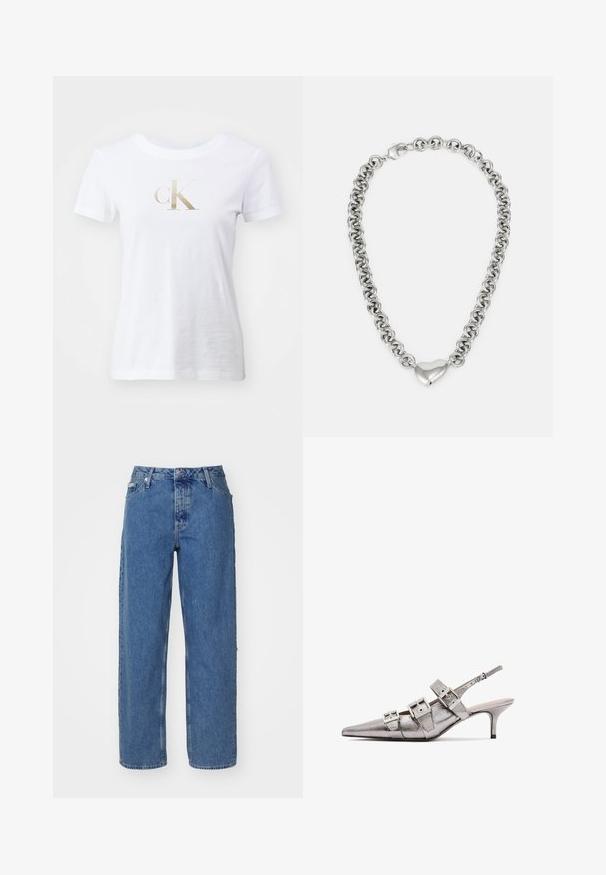White cotton t-shirt featuring a gold "cK" logo on the front. Short sleeves, round neckline, and a classic slim-fit design.; Light blue denim jeans with a high waist, straight leg design, five-pocket styling, and slightly faded texture. Rivet and button closure.; Metallic silver slingback heel with pointed toe, featuring three wide straps and square metallic buckles. Glossy texture and slim heel.; Silver chain necklace featuring interconnected round links and a polished heart-shaped accent in the center. Secure clasp included.