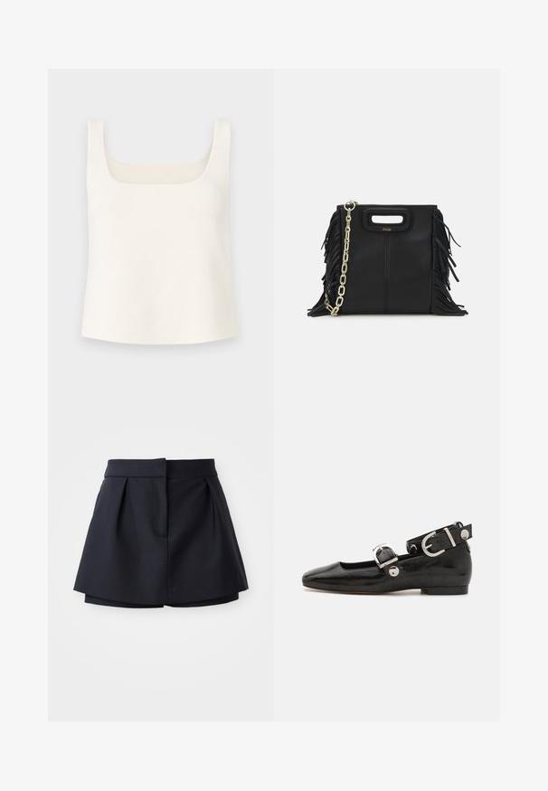 Weißes, gestricktes Trägershirt mit quadratischem Ausschnitt, breiten Schulterträgern und lockerer Passform. Es hat eine glatte Textur und ist ohne Muster.; Marinefarbene Falten-Shorts mit hoher Taille, aus glattem Stoff gefertigt. Sie verfügen über ein figurbetontes Design und eine versteckte Fronttasche.; Schwarze Lackleder-Ballerina mit eckiger Zehenpartie, Knöchelriemen mit silberner Hardware und flacher Sohle. Glatte Textur mit minimalistischen Design.; Schwarze Lederhandtasche mit Fransen-Details, goldener Ketten-Schulterriemen und einem ausgeschnittenen Griff. Mit Logoplatzierung auf der Vorderseite.