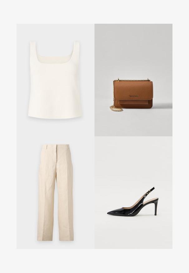 White knitted tank top with a square neckline, wide shoulder straps, and a relaxed fit, featuring a smooth texture and no patterns.; Beige linen trousers with a loose fit, pleated front, and straight legs. Features a waistband with belt loops and no visible pockets.; Black patent leather slingback pump with pointed toe, slim heel, and a subtle cutout design. Features a gold buckle on the strap.; Brown textured leather crossbody bag with gold chain strap and flap closure. Front features logo detail and a pocket under the flap.