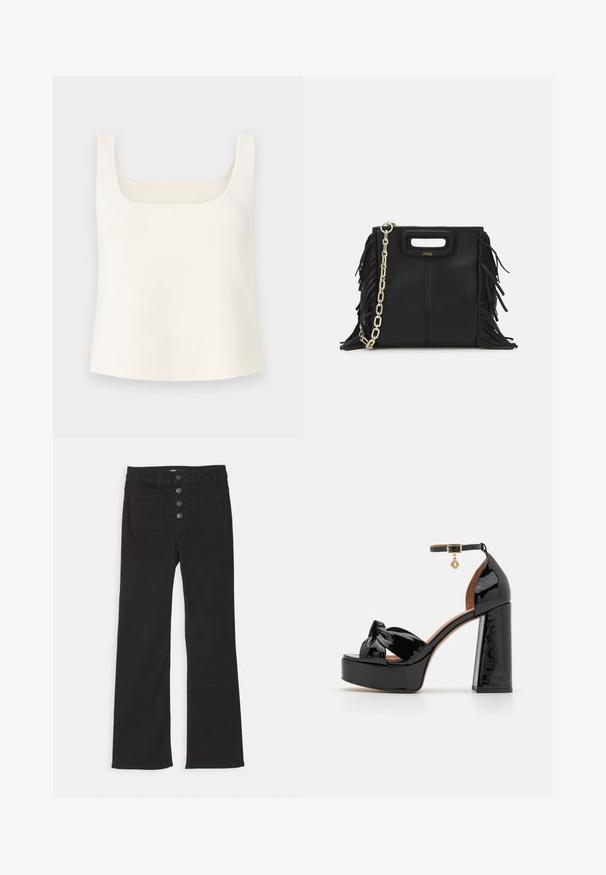 Canotta bianca lavorata a maglia con scollo quadrato, spalline larghe e vestibilità rilassata, caratterizzata da una superficie liscia e priva di fantasie.; Jeans neri in denim a zampa d'elefante con vita alta, design a cinque tasche e chiusura frontale con quattro bottoni metallici.; Maje Sandali con tacco - noir; Borsa a tracolla in pelle nera con dettagli a frangia, catena dorata e manico ritagliato. Presenta il logo sulla parte anteriore.