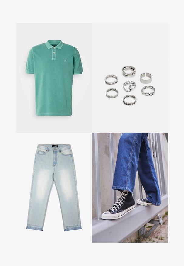 Polo tričko v odtieni teal, vyrobené z bavlny, s klasickým golierom, dvomi gombíkmi a malým logom na ľavej strane hrudi.; Pegador BARROW - Džínsy široké - sand washed blue; Čierne vysoké tenisky s bielou podrážkou a šnúrkami, kombinované so voľnými modrými riflami, položené na sivej zábradlí.; Sada siedmich strieborných prsteňov s rôznymi dizajnmi, vrátane skrútených, prepojených a gravírovaných vzorov. Rôzne tvary a šírky.