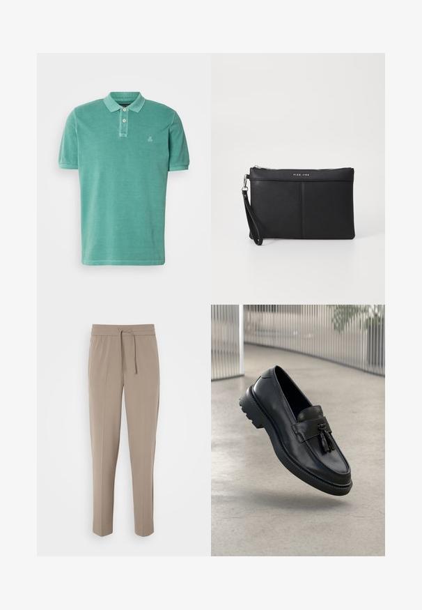 Mėlynas polo marškinėlis, pagamintas iš medvilnės, su klasikiniu apykaklės dizainu, dviem mygtukais ir mažą logotipą kairėje krūtinės pusėje.; Šviesiai beigės kelnės su elastiniu juosmeniu, reguliuojama raišteliu ir siaurėjantys kojomis. Audinys atrodo lygus su švelniu blizgesiu.; Juodi odiniai bateliai be užsegimo su lygiu paviršiumi, dekoratyvine kutu, stora guminė pado danga ir siūtais akcentais. Lengvi ir elegantiško dizaino.; Juodas sintetinis delninukas su užtrauktuku, rankena ir lygia tekstūra. Yra švelni siuvinėta detalė ir logotipas išlygintas priekyje.