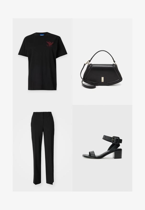Μαύρο βαμβακερό μπλουζάκι με κλασική γραμμή, που διαθέτει κόκκινο κεντητό σχέδιο στο αριστερό στήθος. Κοντά μανίκια και στρογγυλή λαιμόκοψη.; Μαύρο παντελόνι με ραφή που έχει σχεδιασμό ίσιας γραμμής, διαθέτει λεία υφή και καθαρές πτυχώσεις κατά μήκος της μπροστινής πλευράς. Χωρίς ορατό μεταλλικό υλικό.; Μαύρη δερμάτινη σάνταλη με τακούνι και ρυθμιζόμενο λουράκι αστραγάλου, ανοικτή μύτη και τετράγωνο μαύρο τακούνι. Λείο υλικό, μινιμαλιστικό στυλ.; Μαύρη δερμάτινη τσάντα με δομημένο σχέδιο, που διαθέτει κομμένο σχήμα, επάνω λαβή και χρυσά μεταλλικά στοιχεία. Περιλαμβάνει ρυθμιζόμενο λουρί ώμου.