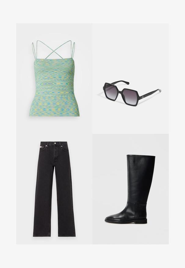 Lahka sleeveless majica v večbarvnem vzorcu modre in rumene barve. Ima križno zadaj trakove in prilega se telesu.; Črne široke jeans hlače iz denima, s poudarjenim pasom, petimi žepi in kovinskim gumbom za zapiranje ter kontrastnim šivanjem.; Črne usnjene škornje do kolen z zaobljenim nosom, gladko teksturo, minimalističnim dizajnom in ravnim podplatom. Preproste šivane detajle na zgornjem delu.; Črne heksagonalne sončna očala z gradientnimi lečami, s sijočo površino in diskretnim logotipom na robu. Trajna plastična zasnova.