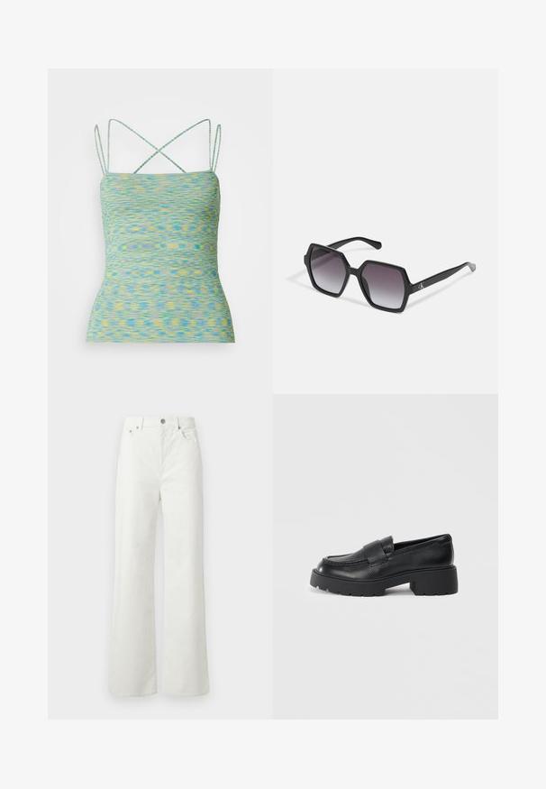 Lengvas, be rankovių palaidinė, su daugiarūšiu mėlynos ir geltonos spalvų raštu. Yra kryžminiai petnešos ir prigludusi forma.; Samsøe Samsøe SHELLY - Laisvo kirpimo džinsai - clear cream; Juodi odiniai loaferiai su tekstūruotu paviršiumi, turintys stačiakampę juostą per vampą ir masyviu, nelygiu padu.; Juodos šešiakampės saulės akinių su gradientiniais lęšiais, turinčių blizgų paviršių ir subtilų prekės ženklą ant šventyklos. Patvari plastikinė konstrukcija.