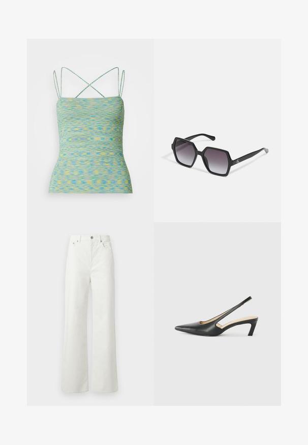 Lengvas, be rankovių palaidinė, su daugiarūšiu mėlynos ir geltonos spalvų raštu. Yra kryžminiai petnešos ir prigludusi forma.; Samsøe Samsøe SHELLY - Laisvo kirpimo džinsai - clear cream; Juodas smailus slingback batelis su žemu kulnu, pagamintas iš lygaus odos paviršiaus ir su išpjovomis šone, užtikrinančiomis oro pralaidumą.; Juodos šešiakampės saulės akinių su gradientiniais lęšiais, turinčių blizgų paviršių ir subtilų prekės ženklą ant šventyklos. Patvari plastikinė konstrukcija.