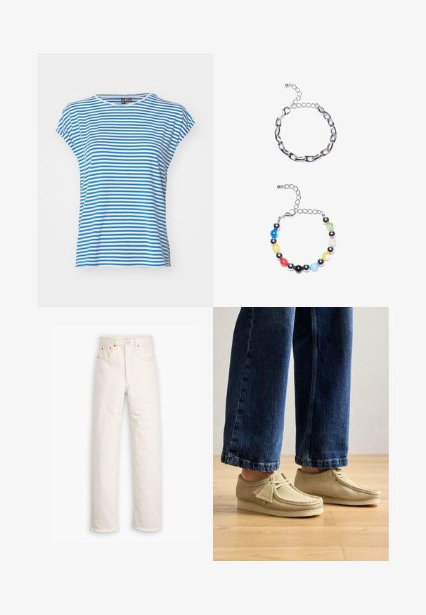 Sinine ja valge triibuline lühikeste varrukatega T-särk, ümar kaelus. Pehme puuvillane materjal, lõdvestunud lõige ja külgkilbid liikumise mugavuseks.; Valged teksased sirge jala disainiga, viie taskuga stiilis ja vasest detailide aktsentidega. Toorik lõpp äärtes.; Beige sametjalatsid ümarate varvaste ja madala profiiliga. Omavad seotud disaini ja õmbluse aktsente. Kandmiseks lühendatud siniste teksadega.; Hõbedane ketigael näidis, millel on pikendatud lingid üleval. Allpool on värvikas helmedest koosnev käevõru, milles on mustad, sinised, rohelised, kollased, punased ja selged helmeste.