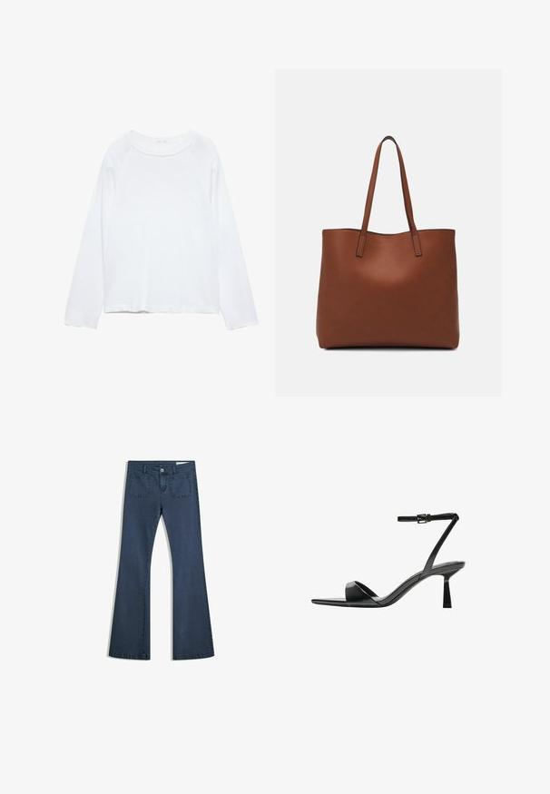 Top bianco a maniche lunghe con scollatura rotonda, realizzato in tessuto leggero. Presenta maniche raglan e una vestibilità comoda. Texture liscia, senza fantasie.; Jeans in denim blu scuro a fiala con tasche cucite, chiusura con bottone e una texture liscia. Presenta un classico design a cinque tasche.; Bershka Sandali con tacco - black; Borsa tote in pelle marrone con texture liscia, design con apertura superiore e due spallacci. Presenta cuciture minime e nessun hardware visibile.