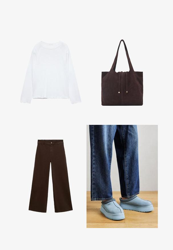 Witte langmouwen top met een ronde halslijn, gemaakt van lichte stof. Voorzien van raglanmouwen en een ontspannen pasvorm. Glad van textuur, geen patronen.; Bruine wijde broek in katoenmix, met een rafelige zoom, sluiting met een knoop aan de voorkant en een klassieke vijf-pocketstijl. Minimalistisch en veelzijdig.; Blauwe suède instap UGG-schoenen met dikke zolen, gedragen met een blauwe jeans op een houten vloer tegen een effen achtergrond.; Mango Shopper - dark brown