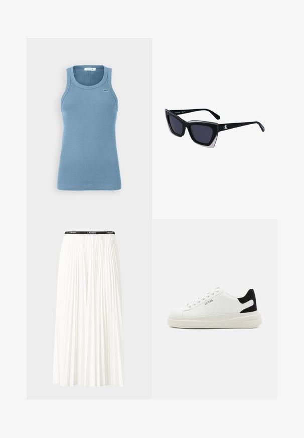 Heled sinine ribaga tank ülikond ümmarguse kaeluse ja laiate käeaukudega. Ees on väike tikandiga logo.; Kurtitudega valge seelik musta elastse vööga, millel on "LACOSTE" logo. Keskmise pikkusega disain pehme tekstuuriga.; Valged nahast tennisetossud paksu valge tallaga, musta sametist kontsakeeuga ja külje peal riigilogo reljeefne kujundus. Lukkeskeem kuue silmaauguga.; Mustad suured mustad prillid geomeetrilise kujuga, tumedate läätsedega ja kontrastse halli detailiga raamidel. Logo käe peal.