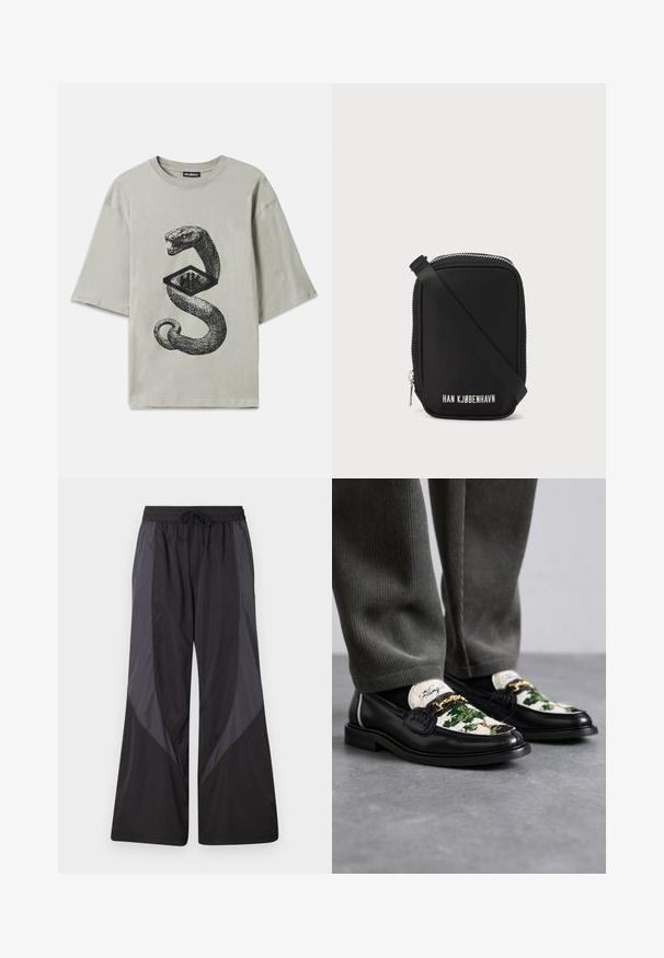 T-shirt en coton gris avec un graphisme noir représentant un serpent enroulé autour d'une forme de diamant, avec des manches courtes et un col rond.; Han Kjøbenhavn PANELLED TRACK TROUSERS - Pantalon de survêtement - anthracite black; Mocassins en cuir noir avec un dessus en textile décoratif vert et blanc. Présente un accent en chaîne dorée et une semelle noire texturée.; Sac noir de forme rectangulaire, en matériau lisse. Dispose d'une fermeture éclair sur le dessus, d'une bandoulière ajustable, et d'un texte blanc : "HAN KJØBENHAVN."