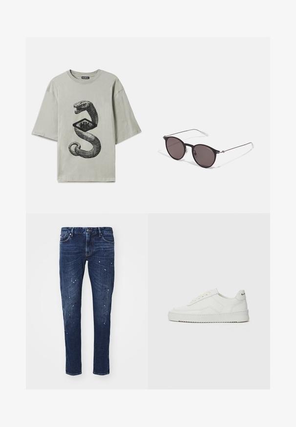 Gray cotton T-shirt featuring a black graphic of a snake coiled around a diamond shape, with short sleeves and a crew neck.; Dark blue denim jeans with a slim fit, featuring paint splatters, visible stitching, and standard five-pocket design. Straight leg cut.; White leather sneaker with a smooth finish, round toe, flat laces, and a textured sole. Features a subtle logo on the heel.; Black round sunglasses with dark lenses and slim metal arms. Includes clear temple tips and silver accents at the hinge. Minimalist design.