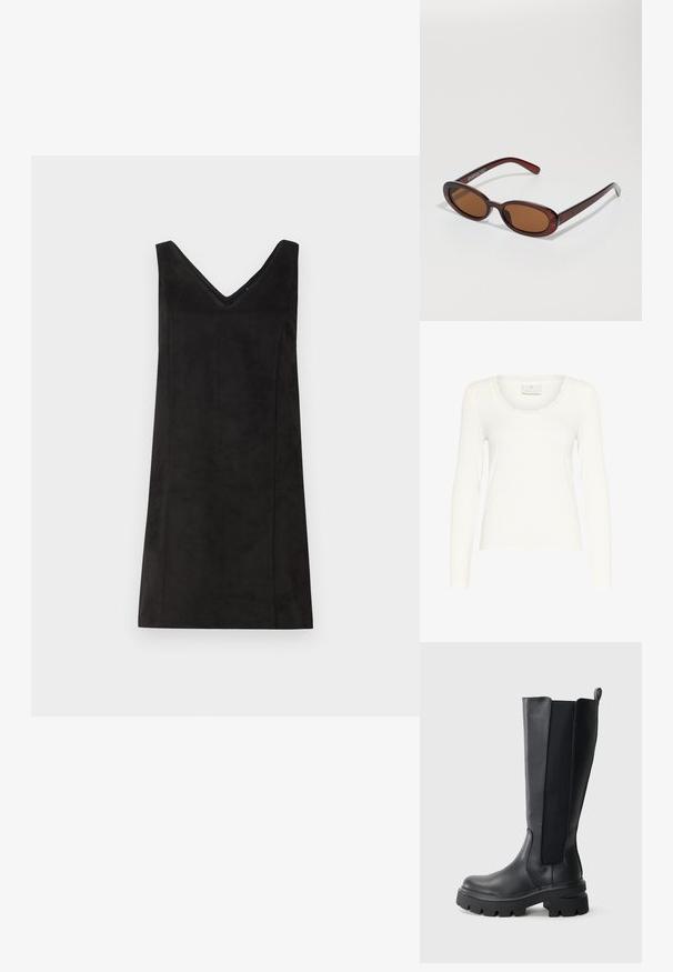 Bílá dlouhá rukávová blůza z žebrované látky s vlnkovým výstřihem a přiléhavým střihem. Štítek hlásí "KAFFE." Hladká textura.; Černé bezramínkové šaty s výstřihem do V, vyrobené z měkkého materiálu, s rovnými liniemi a minimálním zdobením. Hladká textūra.; Černé kozačky po kolena s hladkým koženým povrchem a kontrastními elastickými bočními panely. Robustní gumová podrážka s výrazným vzorkem.; Kulaté sluneční brýle hnědé barvy s lesklým burgundským rámem. Úzké nožičky s jemným logem. Rovné čočky.; Tkaná vínová kožená kabelka s kulatým tělem, silným uchopem a zipovým otvorem. Disponuje hladkou texturou a propleteným vzorem.