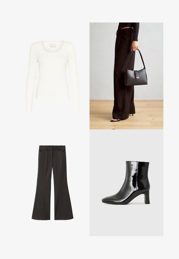 Witte lange mouwen top van ribstof, met een gegolfde halslijn en een aansluitend ontwerp. Label leest "KAFFE." Soepele textuur.; Zwarte flared broek met een hoge taille; beschikt over twee voorkeurszakken en een gladde stoftextuur. Geschikt voor verschillende gelegenheden.; Zwarte gepolijste leren enkellaars met een spitse neus en een blokhak van gemiddelde hoogte. Glad textuur en minimalistisch ontwerp.; Zwarte handtas met gestructureerde vorm, gladde textuur en een metalen sluiting. Gecombineerd met brede zwarte broeken en sandalen met open teen op een houten vloer.
