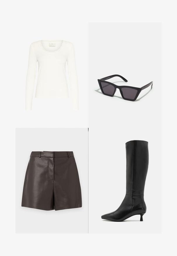 Top de manga larga blanco hecho de tejido acanalado, con un escote festoneado y diseño ajustado. La etiqueta dice "KAFFE". Textura suave.; Shorts de cuero marrón con una textura suave, que presentan una costura frontal, presillas para cinturón y dos bolsillos laterales. Diseñados para una silueta ajustada.; Zign Botas - black; Gafas de sol negras y angulares con lentes grises; fabricadas en plástico, con varillas gruesas de superficie suave y sin herrajes visibles.; Bolso de mano de cuero marrón con dos asas robustas, forma rectangular, textura suave y cierre de cremallera. Diseño minimalista sin patrones visibles.
