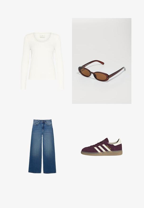 Langærmet hvid top lavet af ribbet stof, med en bølget halsudskæring og tætsiddende design. Etiketten siger "KAFFE." Glat tekstur.; Bredde ben blå jeans lavet af denim, med høj talje, syede detaljer og et enkelt design med en let falmende effekt.; Maroonsuede sneakers med hvide tre striber og beige accenter. Har en tekstureret gummisål og gyldent branding på siden.; Runde, bruntonede solbriller med en glansfuld bordeauxramme. Slanke arme med diskret brandingdetalje. Flad linsedesign.; Brun vævet læderhandbag med en slasket, trekantet form. Har et flettet håndtag og en lynlåslukning langs toppen.