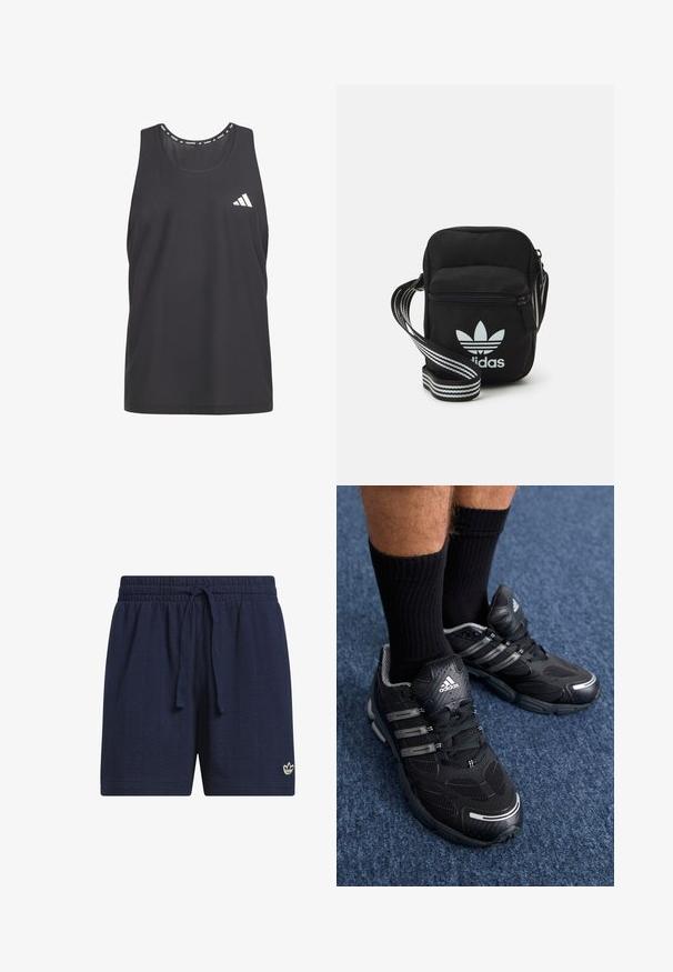 Black athletic tank top featuring breathable mesh material, rounded neck, and white Adidas logo on the left chest.; Navy blue athletic shorts with an elastic waistband and drawstring. Textured, breathable fabric with a small white logo on the lower hem.; Black athletic shoes with a textured fabric upper, grey accents, and laces. Worn with black ribbed socks on a blue carpeted surface.; Black fabric crossbody bag with a zipper closure, featuring a white Adidas logo and a striped adjustable strap for easy carrying.