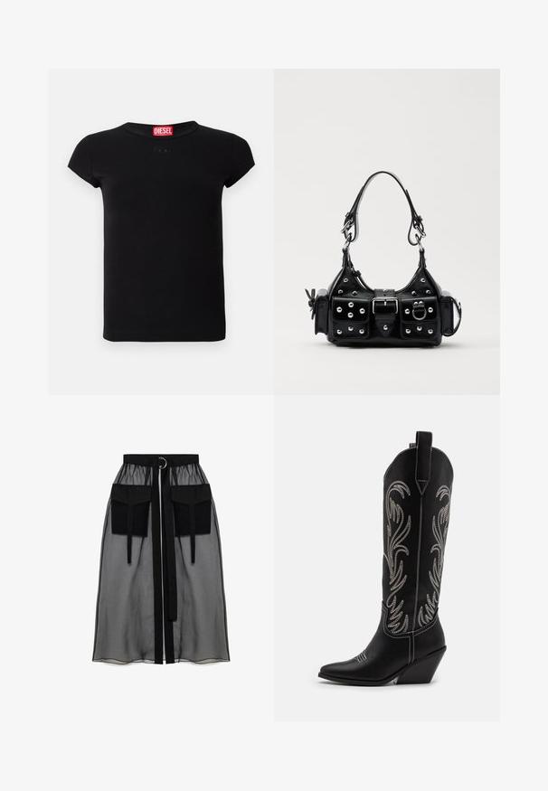 Black short-sleeve fitted t-shirt with round neckline and red Diesel logo tag inside the collar.; Black sheer skirt with a gathered waistband, featuring two large front pockets, a waist tie, and a circular metal accent.; Black leather cowboy boots with pointed toes, wedge heels, and silver embroidered floral patterns along the shaft. Contrast stitching throughout.; Black leather handbag with a curved design, featuring silver studs, a buckle, and two side pockets. Adjustable strap for carrying options.