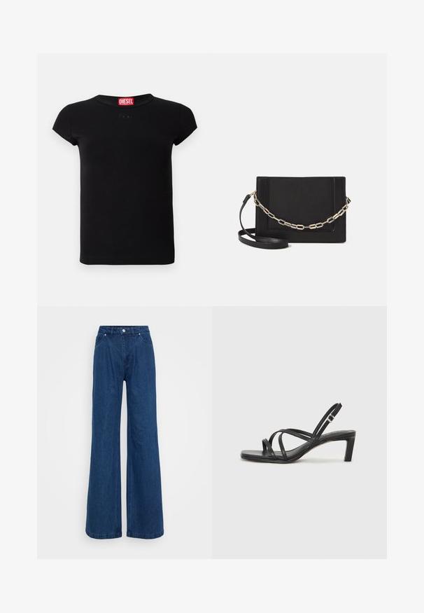 Crna kratka majica s kratkim rukavima, uskog kroja, s okruglim izrezom i crvenom Diesel oznakom unutar ovratnika.; Široke plave traperice s visokim strukom, prednjim dugmetom i patent-zatvaračem, te prednjim i stražnjim džepovima na jednobojnoj pozadini.; Crne sandale s trakama, kvadratnim prstom i niskom blok petom. Ima više tankih trakica i podesivu trakicu oko gležnja. Izrađene su od glatke kože.; Crna kožna torba preko tijela s glatkom teksturom, pravokutnim oblikom i metalnim lancem na prednjoj strani. Uključena je podesiva naramenica.