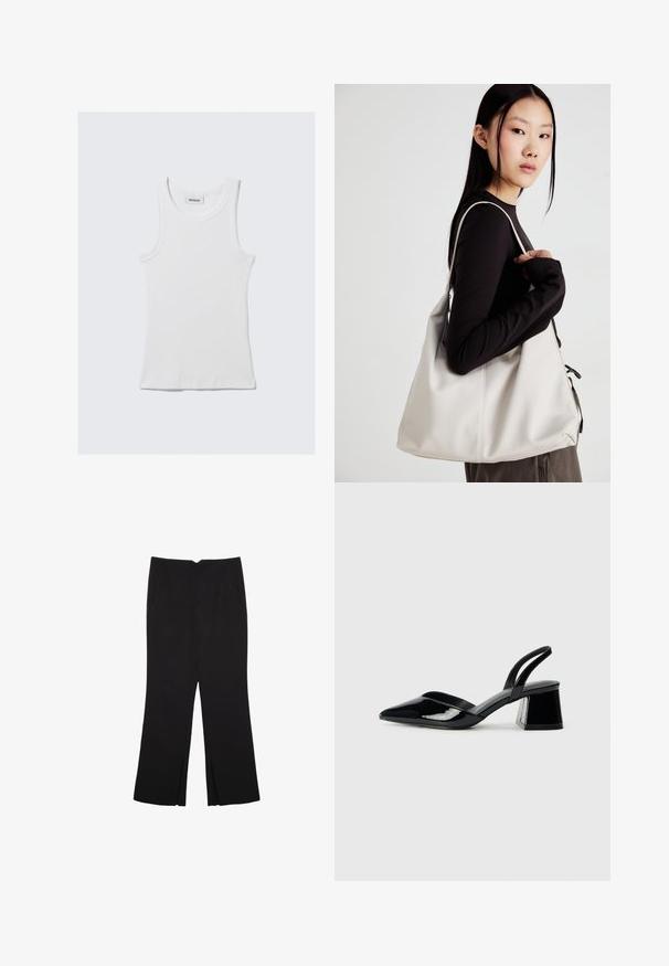 Weißes Baumwoll-Top mit gerippter Textur, ärmellosem Design und rundem Ausschnitt. Mit einem Etikett am Hals mit der Aufschrift "WEEKDAY."; Schwarze Hose mit geradem Schnitt, ausgestattet mit Fronttaschen und Seitenschlitzen am Saum. Hergestellt aus weichem, glattem Stoff. Geeignet für verschiedene Anlässe.; Schwarze Lackleder-Slingback-High Heels mit spitzem Schuh und einem geometrischen Blockabsatz. Verfügt über ein schlankes, minimalistisches Design und eine glatte Textur.; Beige Handtasche aus weichem Material, mit einem lässigen Design, gesteppten Details und zwei Schulterriemen. Geeignet für den täglichen Gebrauch.