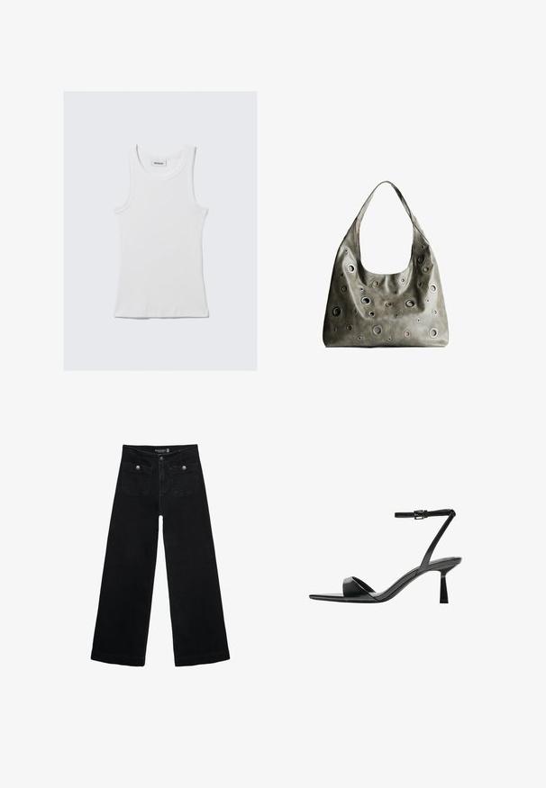 White cotton tank top with a ribbed texture, sleeveless design, and a round neckline. Features a label at the neck reading "WEEKDAY."; Black wide-leg jeans with a high waist, featuring two front pockets and metal button accents. The fabric has a smooth texture.; Bershka High heeled sandals - black; Olive green leather handbag with a slouchy design, featuring various sized circular cutouts and accents in darker and lighter shades.