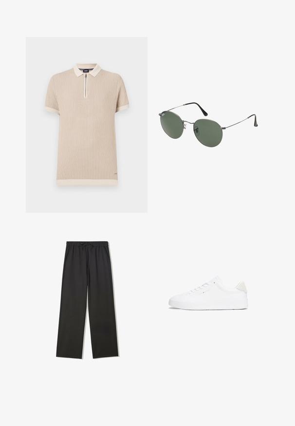Beige kortærmet polo skjorte med ribbet tekstur, lynlås krave og kontrastfarvet kant langs ærmerne og kanten. Diskret logo detalje.; Sorte bukser med elastisk talje, snørebånd og sidelommer, med en afslappet pasform og lige ben.; Hvid sneaker med en glat læderoverdel, rund tå, flad sål og minimalistisk design. Har diskret branding og en beige detalje ved hælen.; Metalrammede solbriller med ovale grønne linser. Tynd sølvmetalramme og sorte ørepropper. Minimalistisk design, ingen synlige logoer.