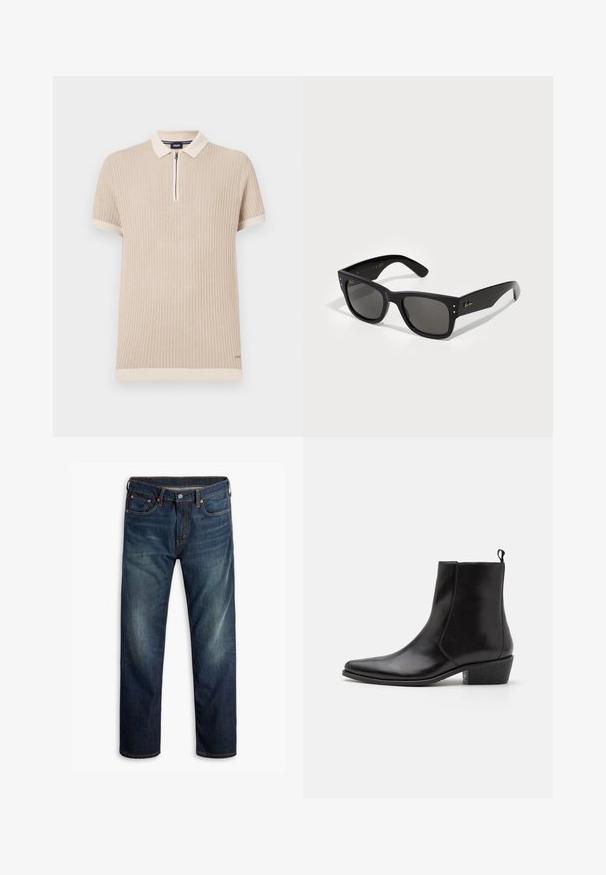 Bežinė trumpa rankovė polo marškinėliai, pasižymintys raguoto audinio tekstūra, užtrauktuko apykakle ir kontrastingomis apdailomis rankovėse bei apatine dalyje. Subtilus logotipo akcentas.; Tamsiai mėlynos džinsinės kelnės su nedideliu nusidevėjimu šlaunyse, penkių kišenių dizainas, mygtuko uždarymas ir matoma oranžinė siuvimo linija baltoje fone.; Zign LEATHER - Kaubojiški / motociklininko stiliaus aulinukai - black; Juodos saulės akinių su kvadratiniu rėmeliu, turinčiu tamsius objektyvus. Papuošti mažomis aukso taškeliais ir auksiniu logotipu ant šventyklo. Lygi tekstūra.
