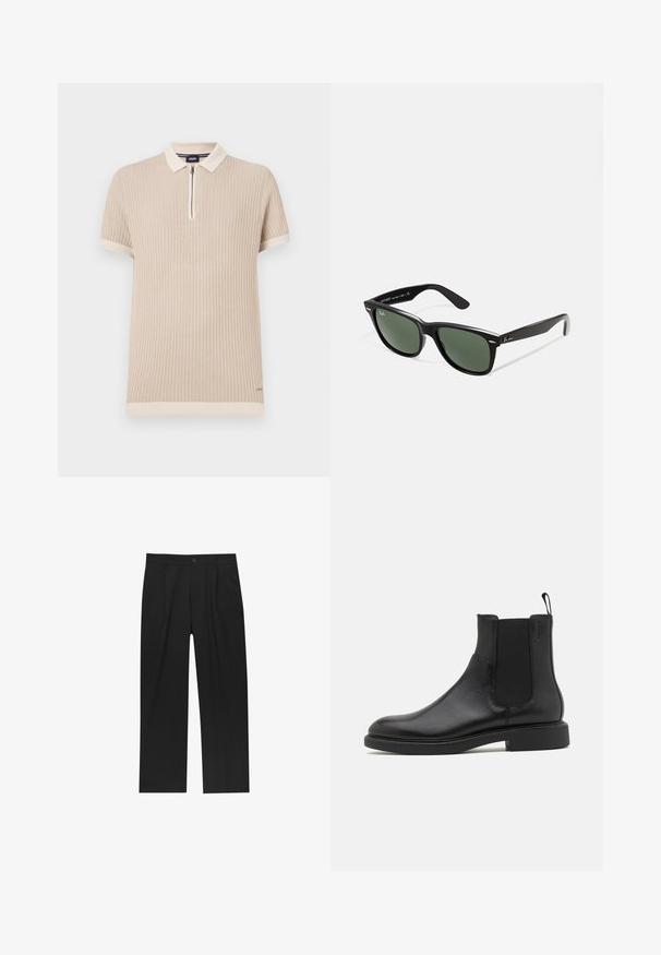 Beige kortærmet polo skjorte med ribbet tekstur, lynlås krave og kontrastfarvet kant langs ærmerne og kanten. Diskret logo detalje.; Sorte bukser med lige ben, lavet af et glat stof. Har frontfolder og en enkelt knaplukning i taljen.; Sort læder ankelstøvle med glat overflade, elastiske sidepaneler og en trækstrop. Rund tå og flad gummisål med minimal mønster.; Sorte plastiksolkaber med grønne linser, firkantede stel, sølvaccent på brynene og teksturerede templede arme. Angivet mærke på den indre arm.