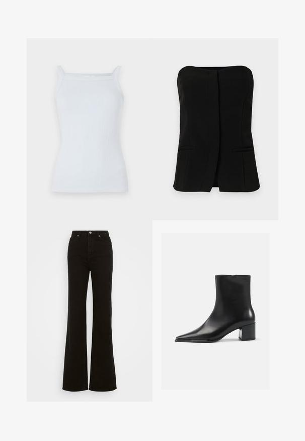 Svijetloplava rebrasta majica bez rukava s uskim naramenicama i ravnim dekolteom. Izrađena od mekanog materijala, s prilagođenim dizajnom i minimalnim detaljima.; Crna, bezrukavna bluza s ravnim dekolteom, prednjim kopčanjem i dva skrivena bočna džepa. Glatka tkanina s krojem koji se dobro uklapa.; Visoke crne široke traperice od denima, sa zakopčavanjem na dugme, bočnim džepovima i glatkom teksturom.; Crne kožne gležnjače s šiljastim vrhom, glatkom teksturom i srednjom blok petom. Minimalistički dizajn, zatvaranje na patentni zatvarač straga.