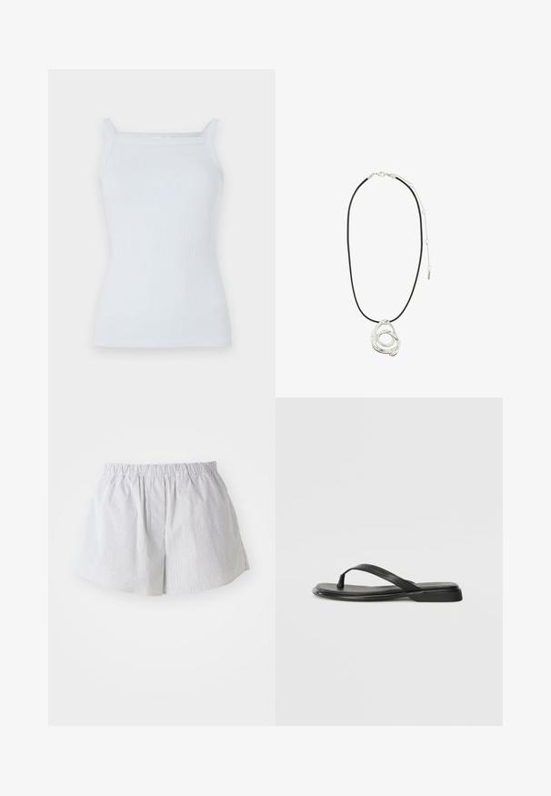 Heled sinine ribakujuline tank top, millel on kitsad rihmad ja sirge kaelus. Valmistatud pehmest kangast, omab lähedalt keha järgivat lõiget ja minimaalselt detaile.; Ribadehosed helesinine ja valge puuvillane, millel on elastne vöökoht ja mugav lõige, külgede avadega liikumise hõlbustamiseks.; Musta sussumood, mis on valmistatud siledast nahast. Sellel on õhuke rihma disain ja lame tald minimaalsete joontega. Mingeid silmatorkavaid mustreid või aktsente ei ole.; Pilgrim UNFOLD - Kaelakee - silver-coloured