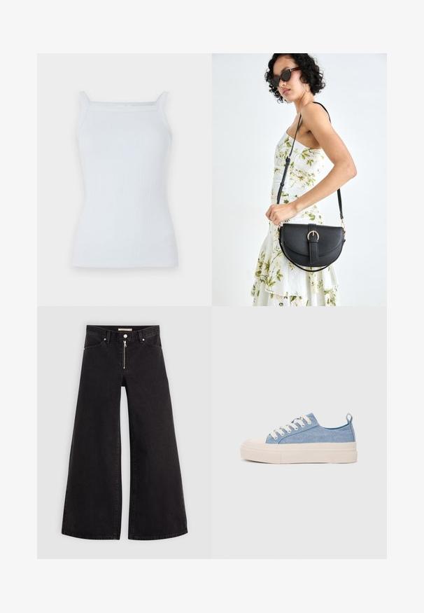 Top de tirantes estrechos en azul claro con canalé y escote recto. Hecho de una tela suave, presenta un diseño ajustado y un detalle mínimo.; Jeans de pierna ancha en denim negro con cierre frontal, diseño de cinco bolsillos y detalles de costura sutiles. Textura suave y estilo casual.; Zapatillas de lona azul claro con una puntera y suela de goma crema, que cuentan con cordones blancos y una lengüeta en el talón.; Bolso de piel negra con forma curva, correa desmontable y herrajes dorados. El bolso cuenta con una solapa con un detalle de hebilla.