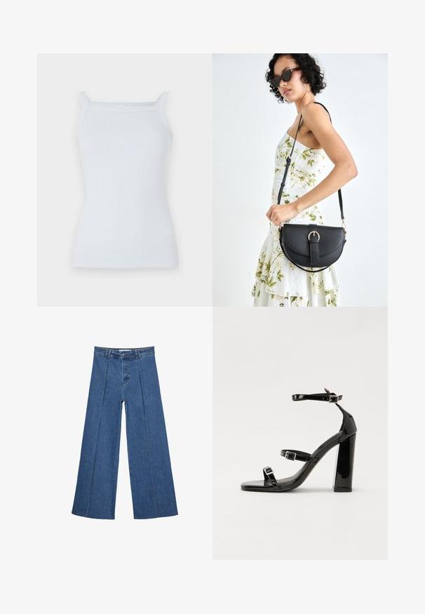 Canotta a coste di colore azzurro chiaro con spalline sottili e scollatura dritta. Realizzata in un tessuto morbido, presenta un design aderente e dettagli minimi.; Jeans in denim a gamba larga di blu medio, con vita alta, chiusura con bottone e dettagli delle cuciture verticali a contrasto lungo la parte anteriore.; Sandali con tacco alto in vernice nera con due cinturini con fibbia, punta quadrata e tacco spesso a blocco, caratterizzati da una texture liscia e lucida.; Borsa a tracolla nera in pelle con una forma curva, manico rimovibile e accessori dorati. La borsa presenta una patta con un dettaglio a fibbia.