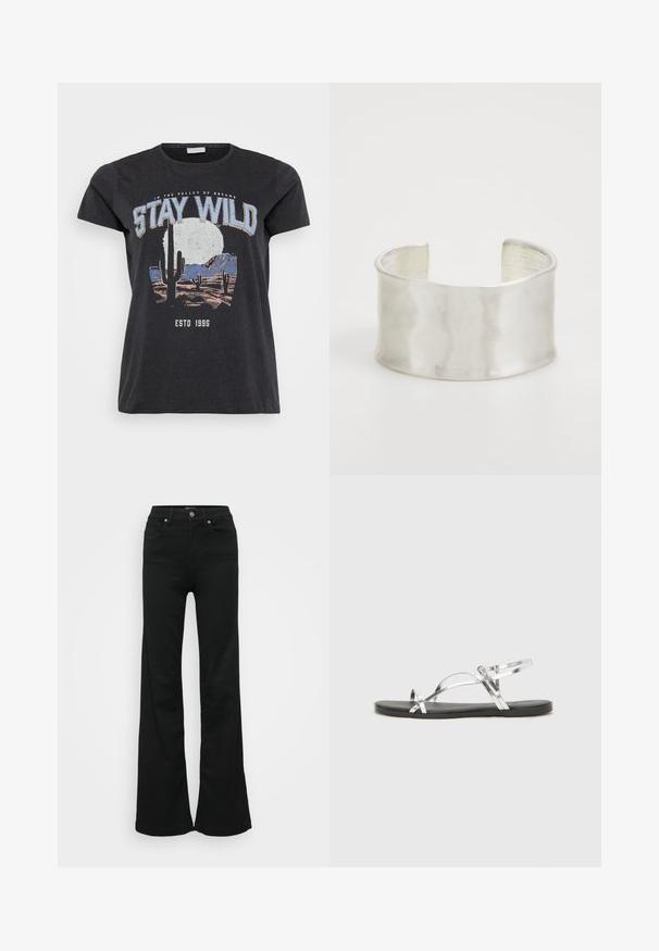 Svart bomull t-skjorte med grafisk trykk av en ørkenlandskap med kaktuser, en måne, og teksten "STAY WILD" i blå skrifttype.; Svarte utsvingte jeans laget av denim, med høy midje, fem lommer og metallknapplukking. Glatt tekstur med minimal detaljering.; Sølvfargede metall sandaler med et minimalistisk design, som har tynne stropper og en sort flat såle. Fremhevingene inkluderer kryssremmer.; Zign Armbånd - silver-coloured
