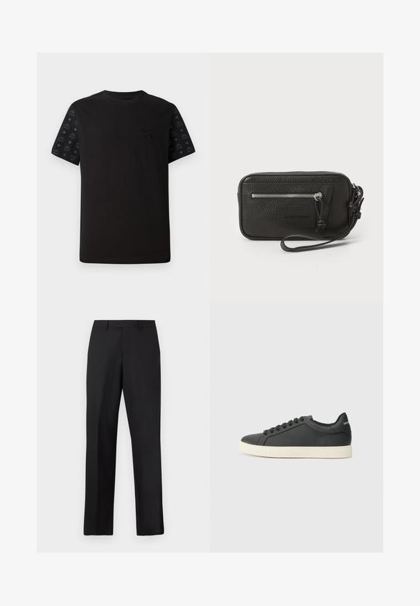 Must mustra lühikeste varrukatega must t-särk, millel on ühtlane esiosa ja mustad mustrid varrukatel. Materjal tundub pehme ja sile.; Mustad, sirge lõikega püksid, mis on valmistatud siledast kangast. Omavad tavalist vöökirja ja puuduvad nähtavad mustrid või aksendid.; Mustmustest musta poolprofiiliga, ümmargune varvas ja paeltega sulgemine; omab tekstureeritud kummist tallat ja logo detaili kontsa peal.; Must musta nahk-käekott tekstureeritud pinnaga, ees suure tõmblukuga tasku ja eemaldatav randmepael. Esiküljel on logo-patch. Ristkülikukujuline.