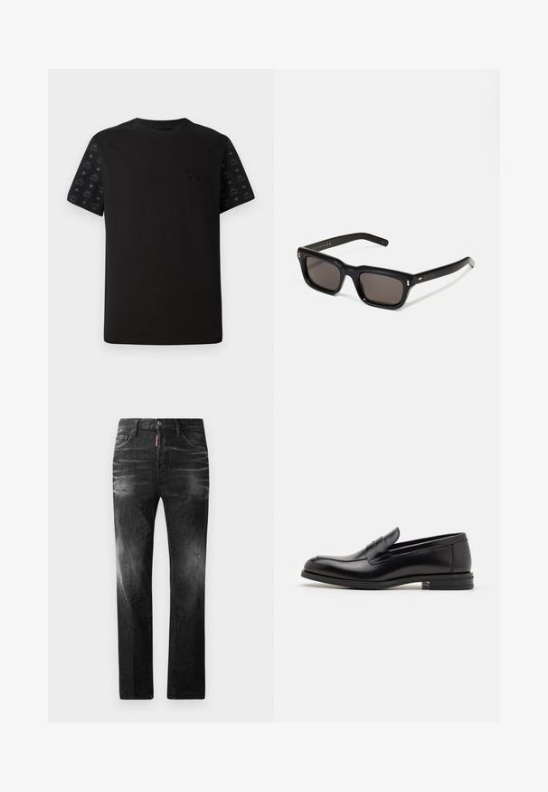 Black t-shirt with short sleeves featuring a solid front and patterned black accents on sleeves. Material appears soft and smooth.; Black denim jeans with a straight fit. Features faded areas, minor distressing, classic five-pocket design, and a button closure.; Black leather loafers with a smooth texture, rounded toe, and a decorative strap across the vamp. Low stacked heel, minimalist design.; Black rectangular sunglasses with dark lenses, thick plastic frame, gold accents on temples, and brand logo engraved on the arm.