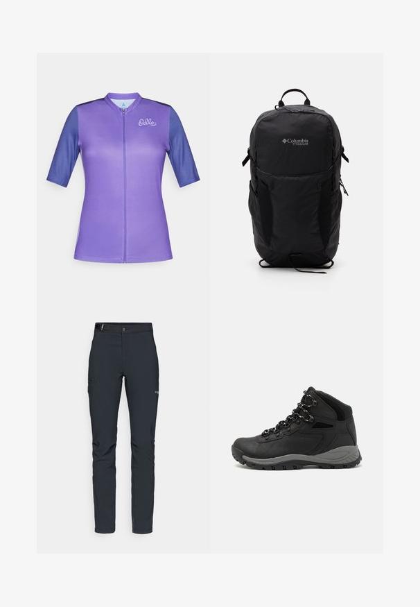 Fioletowa koszulka kolarska z krótkim rękawem, z zamkiem z przodu, kontrastującymi ciemniejszymi rękawami i haftowanym logo na piersi. Gładki, elastyczny materiał.; Męskie spodnie outdoorowe, ciemnoszare, wykonane z elastycznego materiału, z paskiem, kieszeniami na zamek oraz wzmocnionymi szwami.; Czarne buty trekkingowe z średnim cholewem, z teksturowaną cholewą, szarymi akcentami oraz trwałą gumową podeszwą z wypustkami zapewniającymi przyczepność.; Czarny plecak Columbia Titanium z gładką teksturą materiału, bocznymi kieszeniami, górnym uchwytem i regulowanymi paskami. Minimalistyczny design z subtelnym logo.
