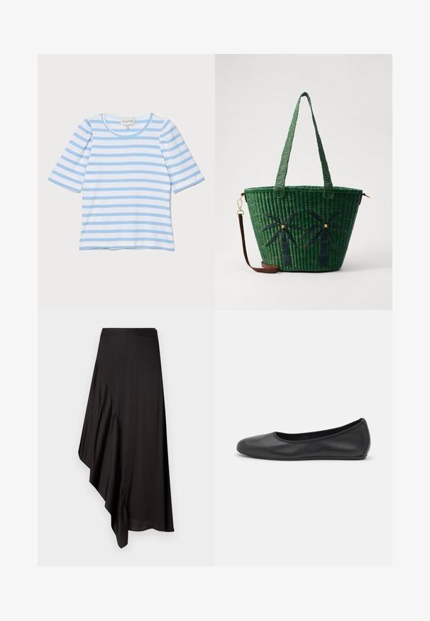 Vaaleansininen raidallinen T-paita, jossa on lyhyet hihat, pyöreä pääntie ja ribbikuvio. Paita esittelee vaihtelevia ohuita valkoisia ja sinisiä raitoja.; AERON ASTER SKIRT - Kynähame - black; Musta nahkainen ballerina, jossa on pyöristetty kärki, sileä pinta, minimaalinen ommelkoristelu ja joustava pohjamuotoilu.; Vihreä kudottu kassi palmupuusuunnitelmilla tummemmalla vihreällä; sisältää kaksi kahvaa ja irrotettavan ruskean nahkahihnan.