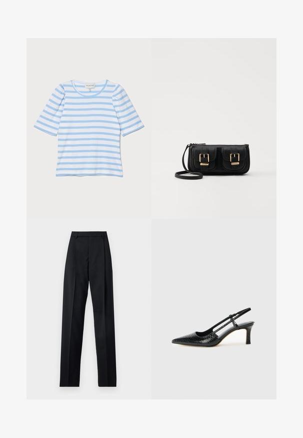 Světle modré pruhované tričko s krátkým rukávem, kulatým výstřihem a žebrovanou strukturou, s přepínajícími se tenkými bílými a modrými pruhy.; Černé kalhoty vyrobené z hladké tkaniny, vybavené vysokým pasem, širokými nohavicemi, předními záhyby a klasickými poutky na opasek. Nejsou viditelné boční kapsy.; Černé lakované slingback podpatky s špičatou špičkou, zdobené texturovaným hadím vzorem, nastavovacím páskem a krátkým texturovaným blokovým podpatkem.; Černá kožená crossbody taška se dvěma předními kapsami, zlatými přezkami, zipovým uzávěrem a štíhlým popruhem. Texturovaný povrch a kompaktní obdélníkový tvar.