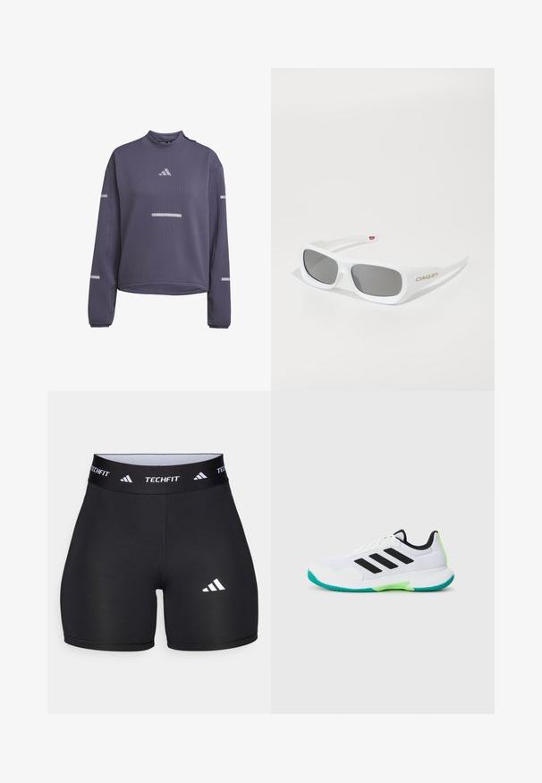 Lange mouwen paarse wafelgebreide hardlooptop met hoge kraag, reflecterende strepen op de borst en mouwen en het Adidas-logo op de voorkant.; Zwarte shorts van rekbaar materiaal met een getailleerd ontwerp. Beschikt over een brede zwarte tailleband met het label "TECHFIT" en een wit logo op het been.; Witte sportieve schoen met een bovenkant van mesh, zwarte strepen en groene accenten. Bevat een textuurzool en een gevoerde kraag voor ondersteuning.; Witte rechthoekige Oakley-zonnebril met donkere lenzen die op een witte ondergrond liggen, logo zichtbaar aan de zijkant.