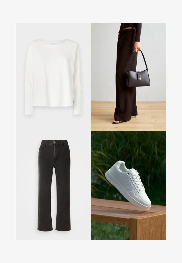 Valkoinen pitkähihaisuus paita, joka on valmistettu pehmeästä ja kevyestä kankaasta. Ominaisuuksiin kuuluu pyöreä kaula-aukko ja hieman rento istuvuus raglan-hihoilla.; Musta leveälahkeinen farkut, joissa on etupainike, vyölenkit ja viisi taskua, hieman haalistuneella pinnalla.; Valkoiset tennarit, joissa on sileä synteettinen päällinen, rei'itetty varvasosa, litteät nauhat ja teksturoitu pohja, esillä puupinnalla.; Musta käsilaukku, jossa on rakenteellinen muoto, sileä pinta ja metallinen solki. Yhdistetty leveisiin mustiin housuihin ja avonaiheisiin sandaaleihin puulattialla.