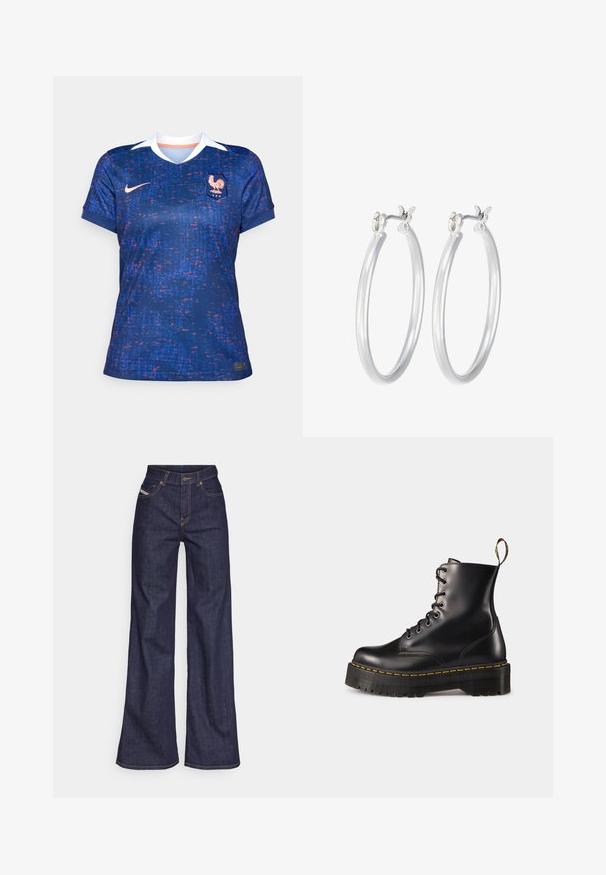 Nike naiste jalgpallipluus, sinine punase ja lilla pikseliseeritud mustriga, lühikesed varrukad, V-kaelus, valge krae, esipanel prinditud vapp ja logo.; Tumedates sinised laiad teksad denimpesus, kõrge vöökohaga, mis on varustatud oranžide õmblustega, viie-taskulise disaini ja nööbiga kinnitusega.; Mustad musta nahast kingad, millel on paks must solk ja kollane õmblus. Tagaküljel on tõmblõng ja ümmargused metallisest silmad.; Hõbedased rõngaskõrvarõngad, millel on sile, läikiv viimistlus. Ümmargune kuju ja turvaline klõpsulatus. Kerge disain, sobib igapäevaseks kandmiseks.